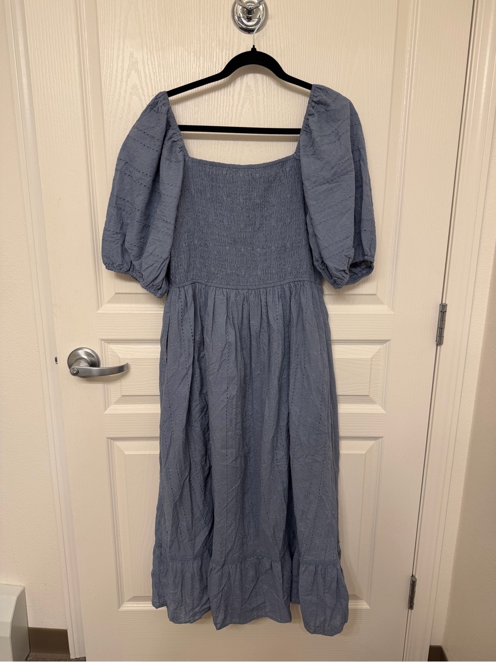 Baltic Born Dusty Blue Eyelet Cotton Midi Dress with Puff Sleeves - Picture 5 of 9